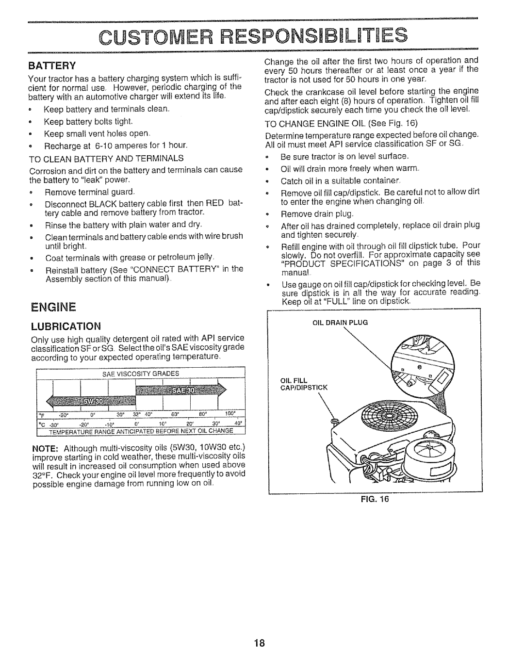 Sears 917.25148 manual Customer Responsmbblities, Engine, Lubrication, To Clean Battery and Terminals 