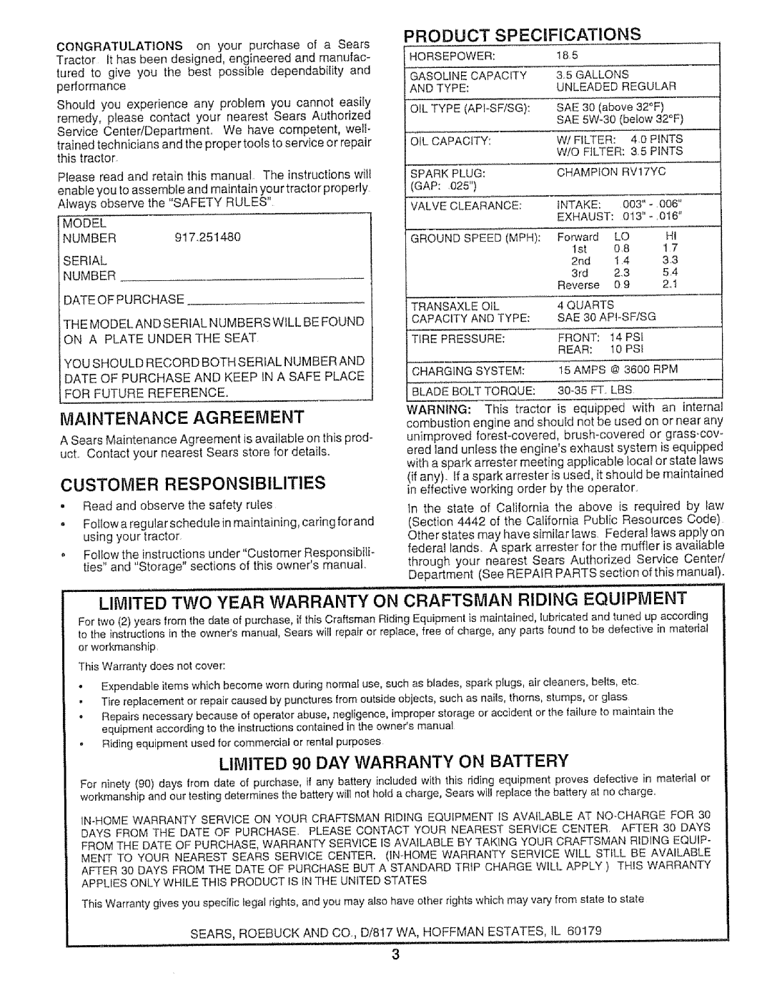 Sears 917.25148 manual Maintenance Agreement, Customer Responsibilities Product Specifications 