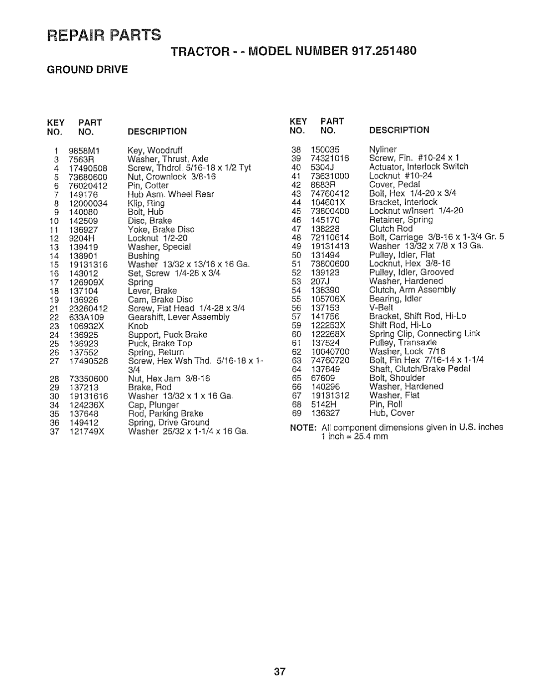 Sears 917.25148 manual Tractor - Model Number, KEY Part Description, Key 