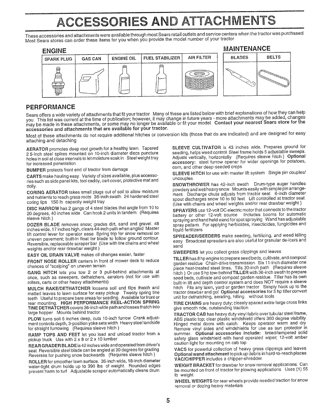 Sears 917.25148 manual Accessories and Attachments, Engine Maintenance, Performance 