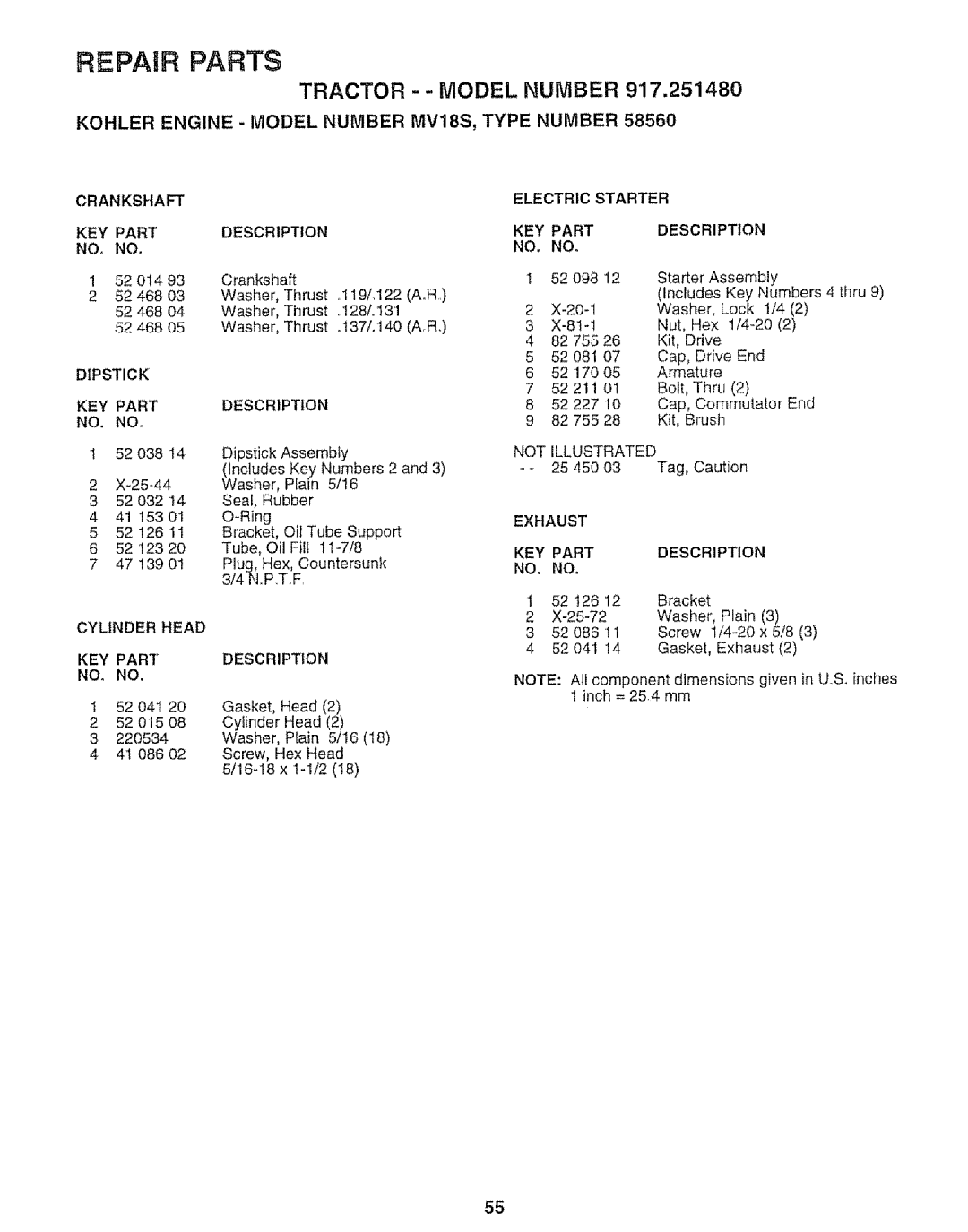 Sears 917.25148 manual Electric Starter, Part Description, Dipstick, Exhaust, Cylinder Head 