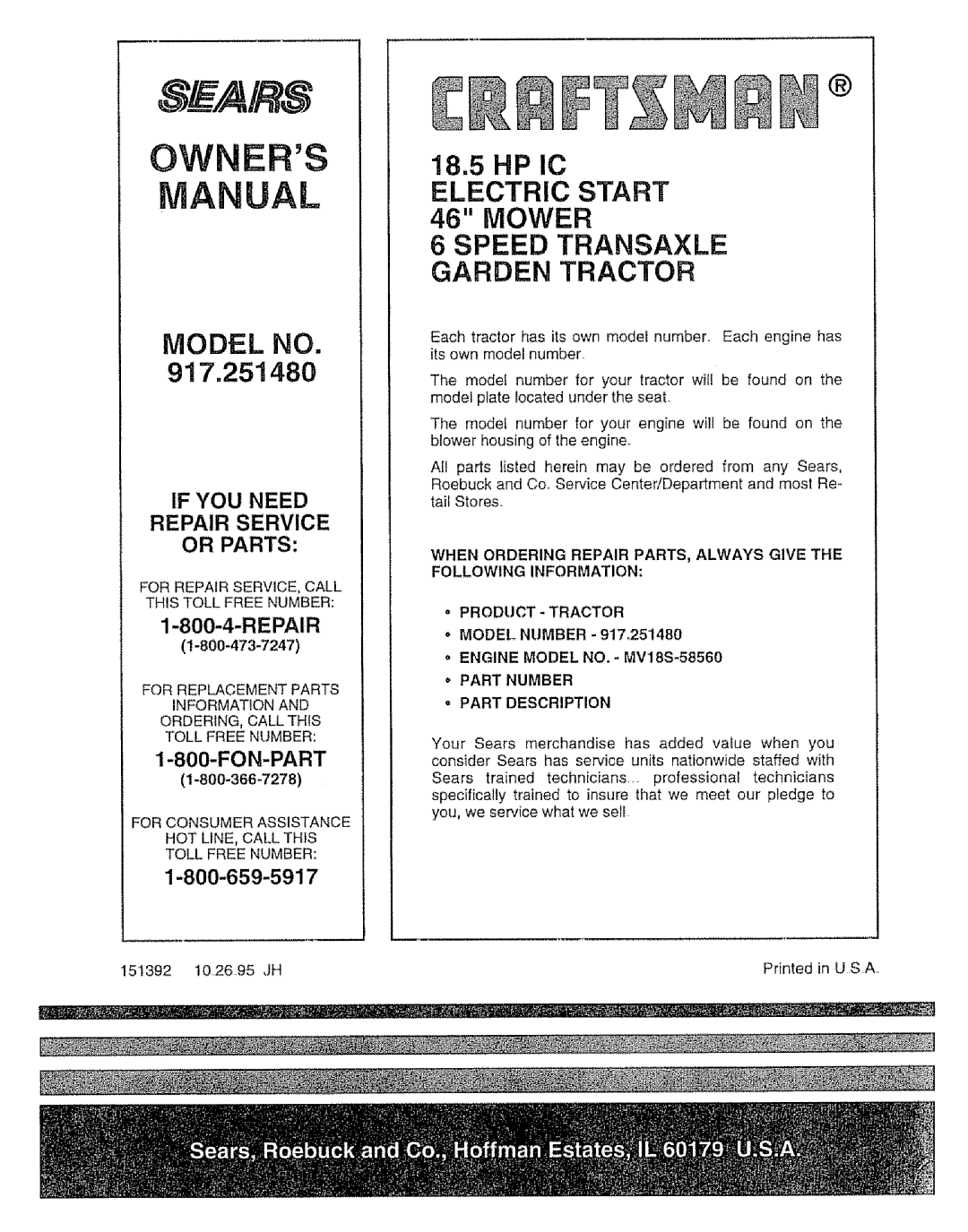 Sears 917.25148 manual For Repair SERVICE, Call this Toll Free Number 