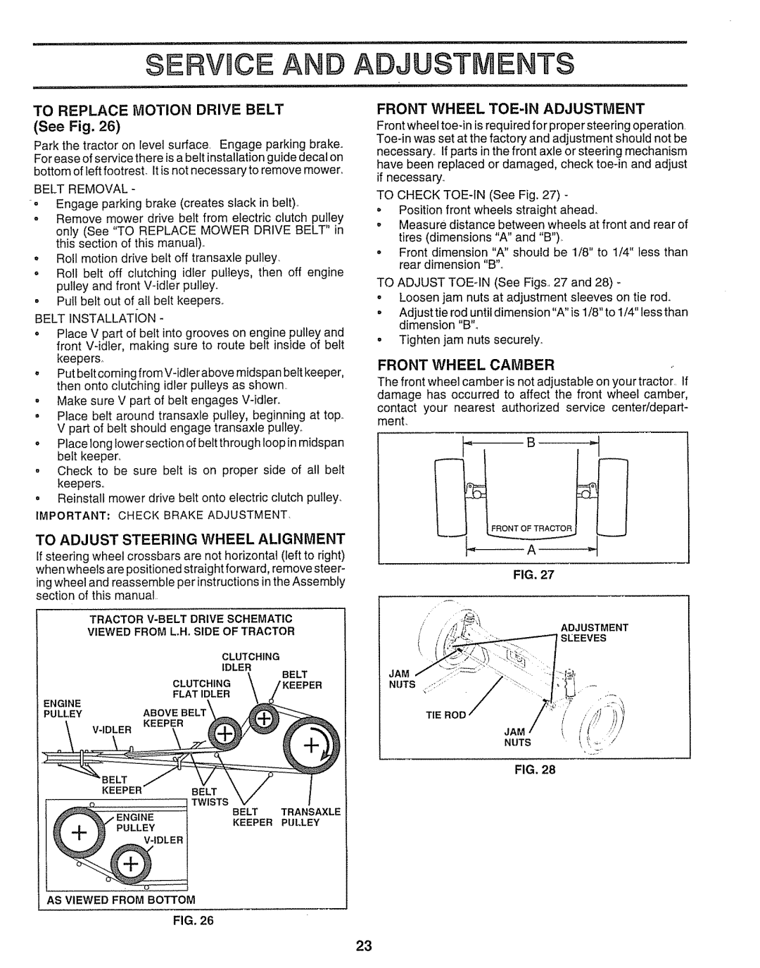 Sears 917.251551 manual Servhce AN, To Replace Motion Drive Belt, To Adjust Steering Wheel Alignment, Front Wheel Camber 