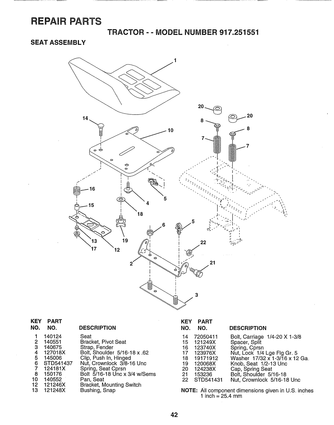 Sears 917.251551 manual Seat Assembly, NOo 