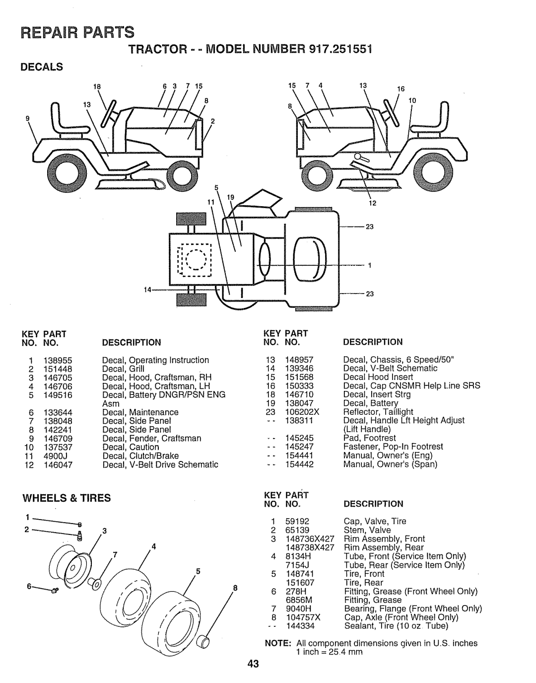 Sears 917.251551 manual Tractor = Model Number, Decals, Key, Insert Strg 