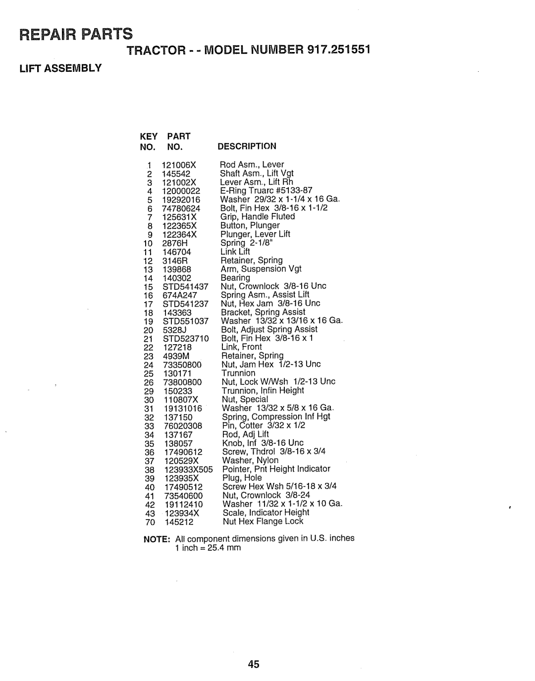 Sears 917.251551 manual Lift Assembly 