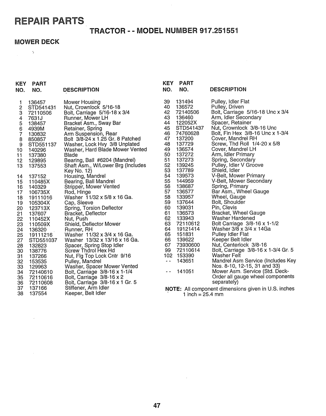 Sears 917.251551 manual Tractor -=MODEL Number, KEY Part 