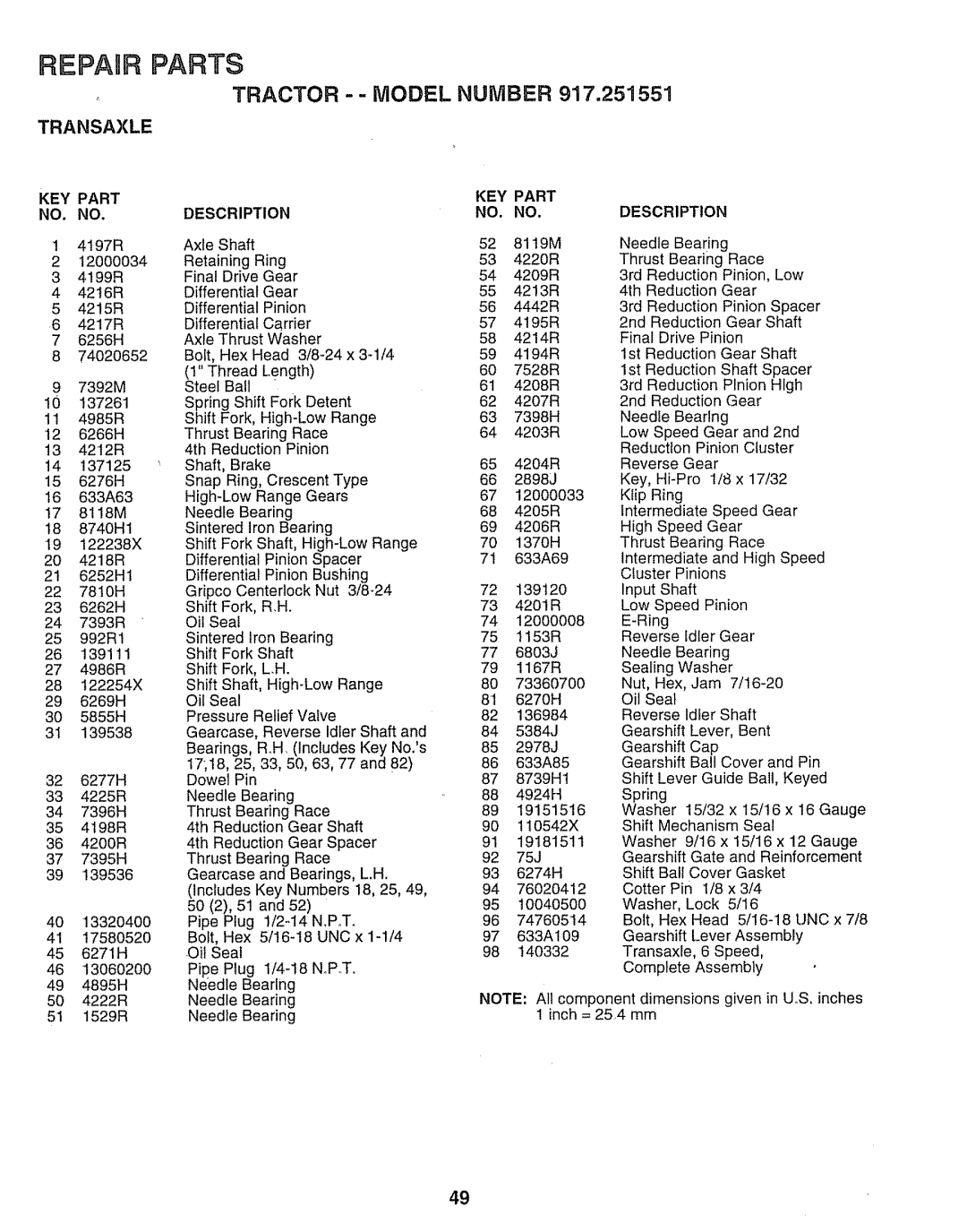 Sears 917.251551 manual Tractor - Model Number, Transaxle, UoS, inches 