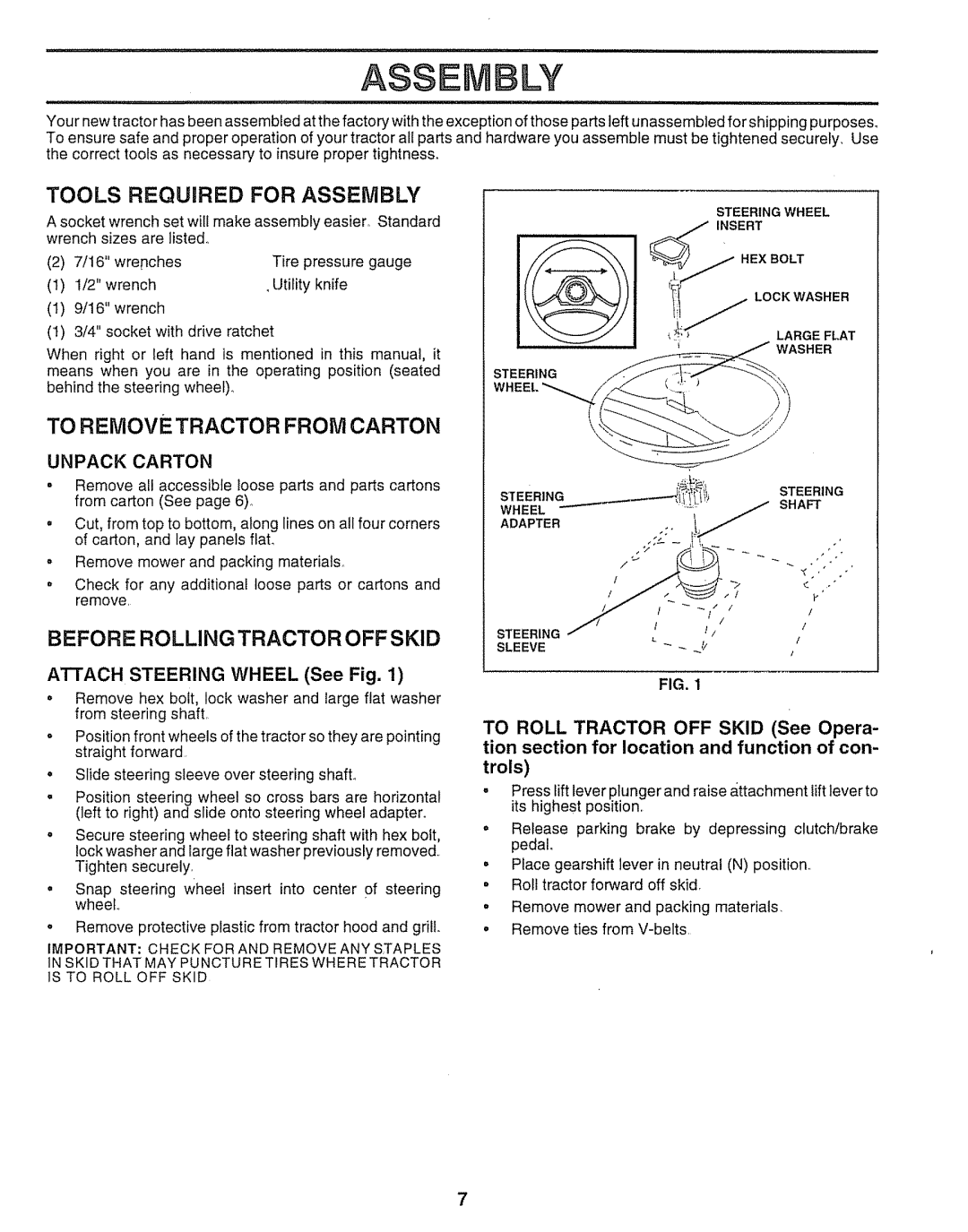 Sears 917.251551 manual Tools Required for Assembly, To Remove Tractor from Carton, Before Rolling Tractor OFF Skid 