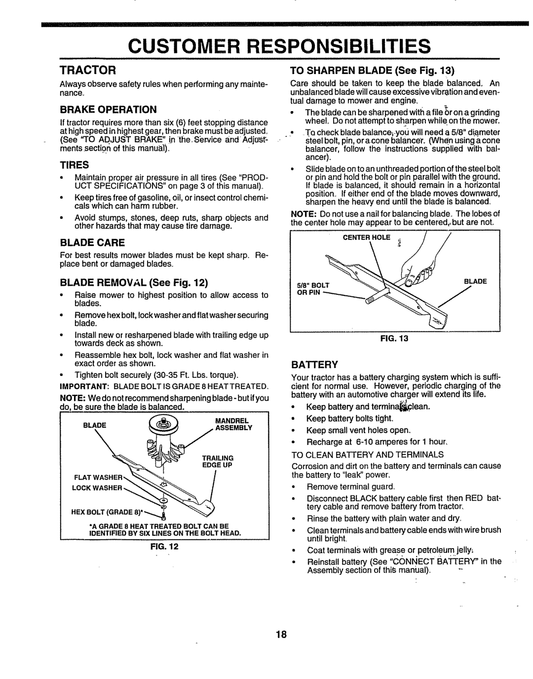 Sears 917.25156 owner manual Customer Responsibilities, Tractor 