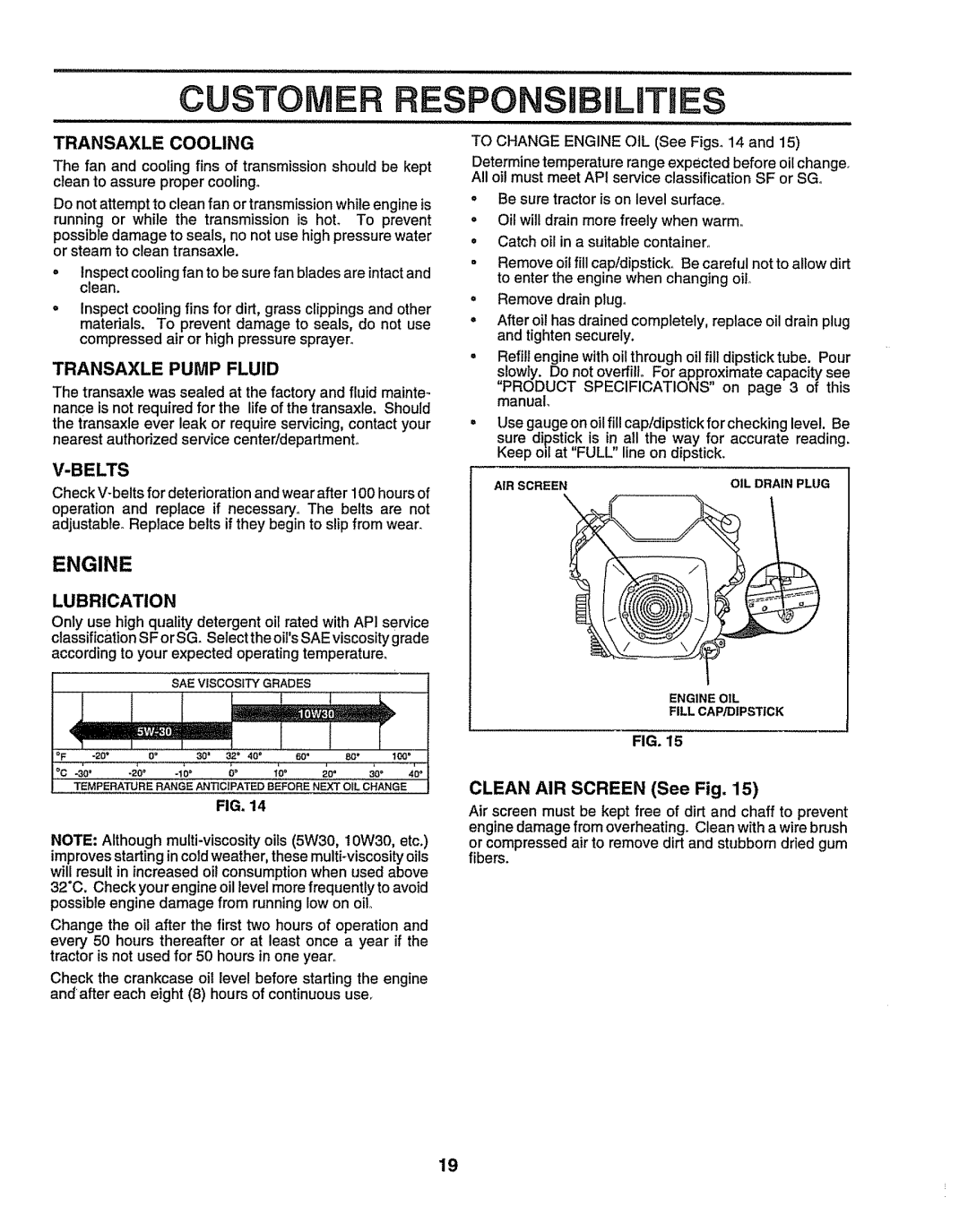 Sears 917.25156 owner manual Engine, Transaxle Cooling, Transaxle Pump Fluid, Lubrication, Clean AIR Screen See Fig 