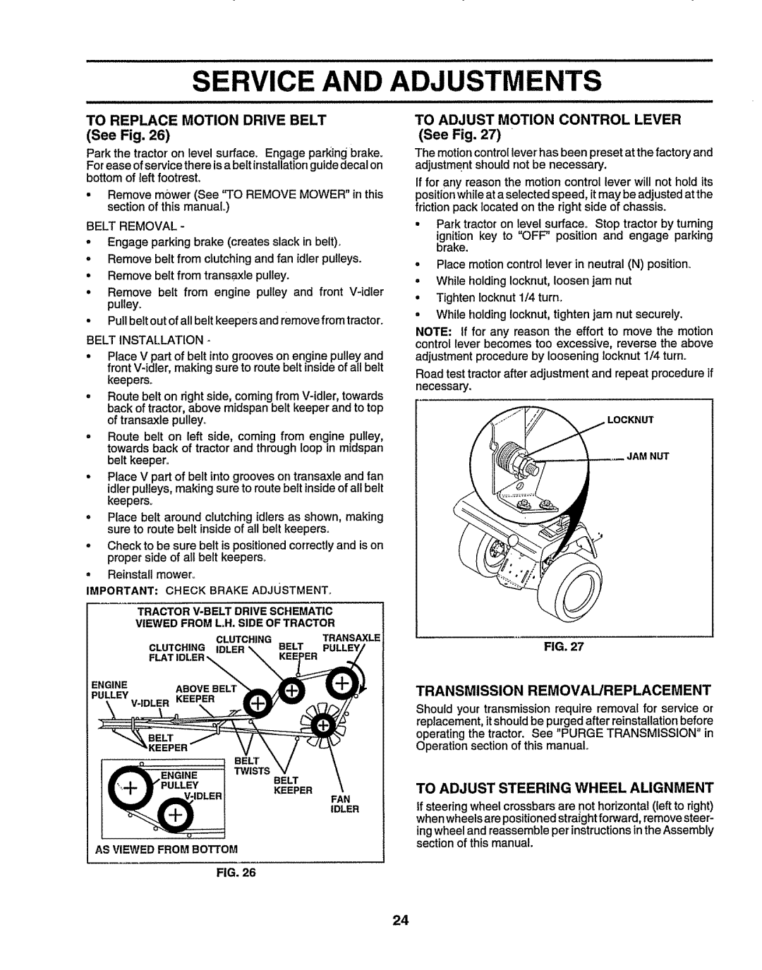 Sears 917.25156 To Replace Motion Drive Belt See Fig, To Adjust Motion Control Lever, Transmission REMOVAL/REPLACEMENT 