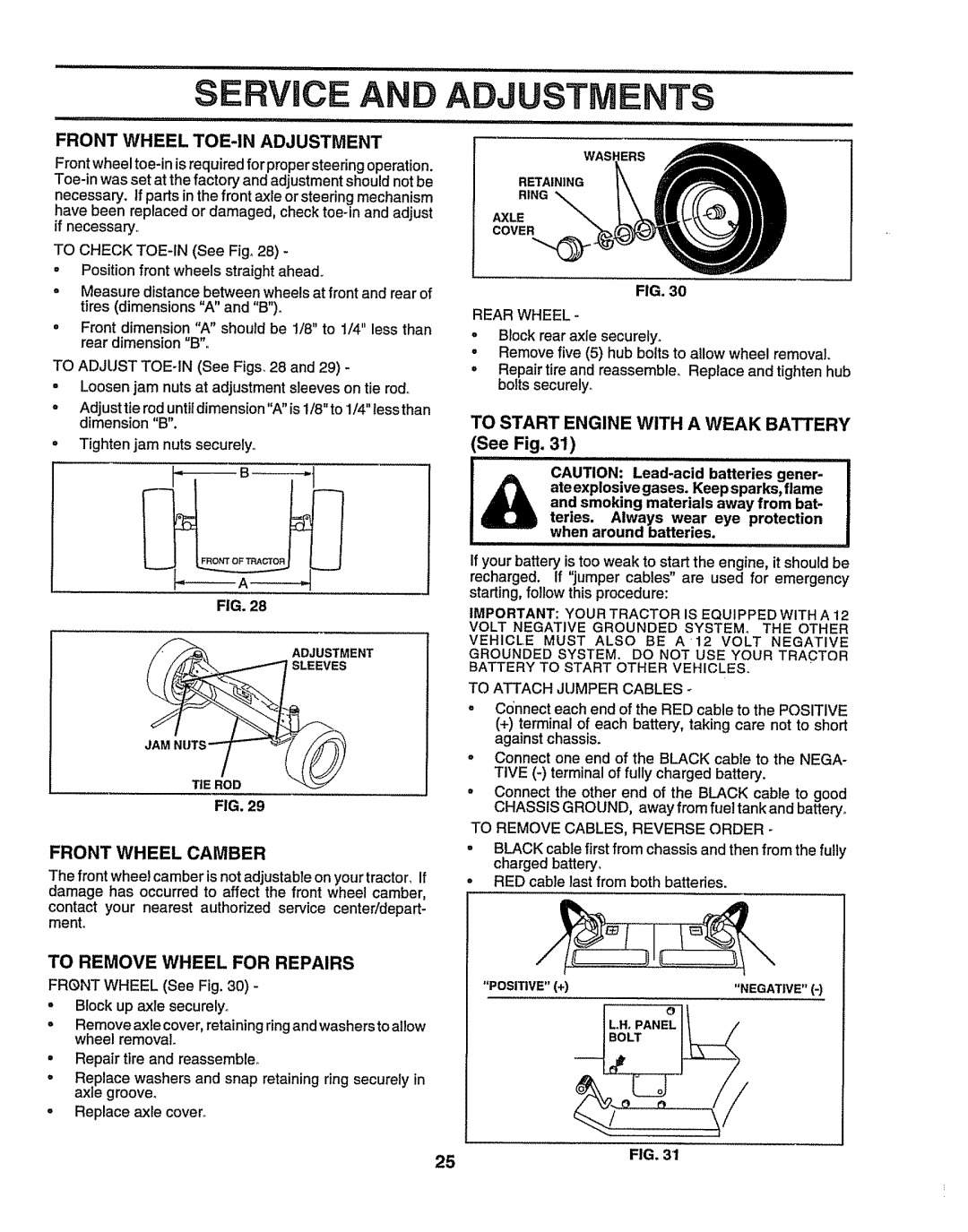 Sears 917.25156 Sand AD,!NTS, Front Wheel TOE-IN Adjustment, Front Wheel Camber, To Start Engine with a Weak Battery 