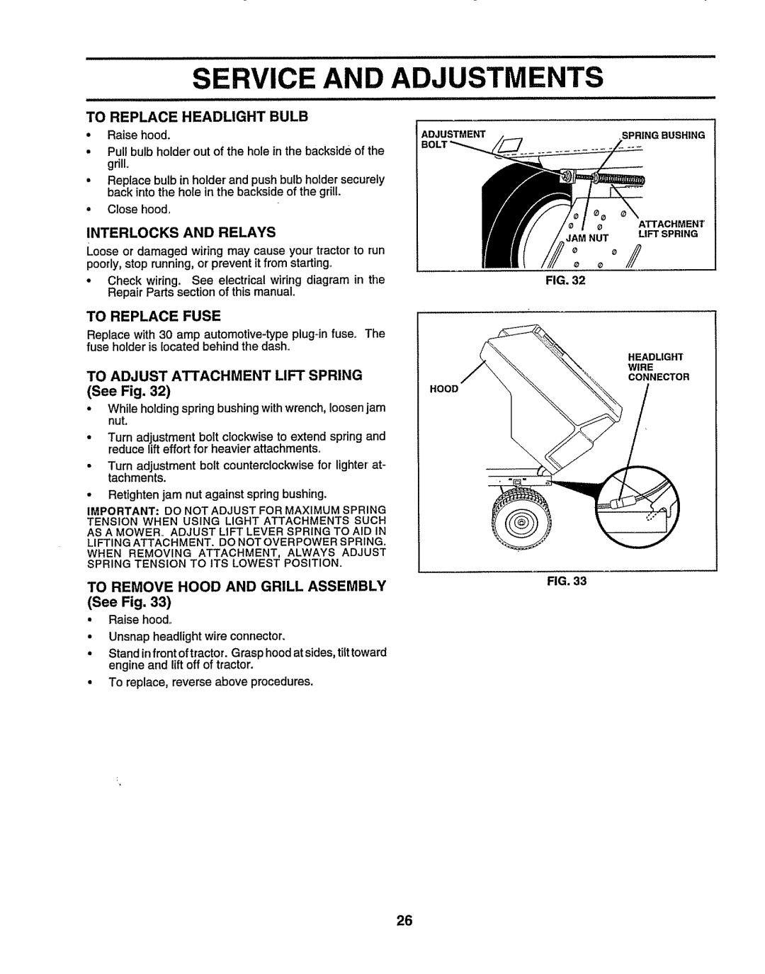 Sears 917.25156 To Replace Headlight Bulb, Interlocks and Relays, To Replace Fuse, To Adjust Attachment Lift Spring 