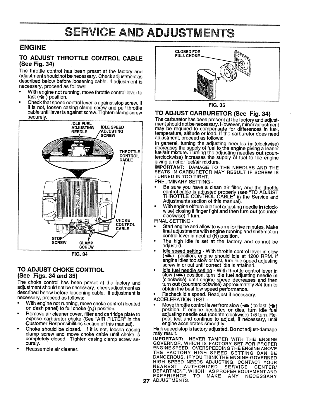 Sears 917.25156 Service and Adjustments, To Adjust Throttle Control Cable See Fig, To Adjust Carburetor See Fig 