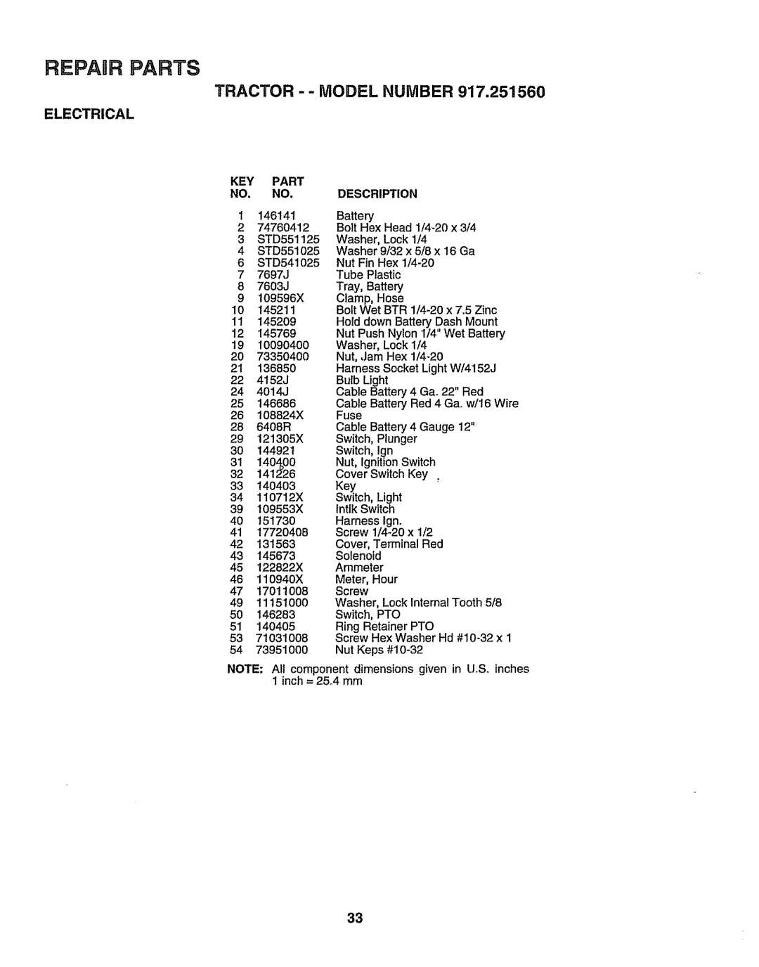 Sears 917.25156 owner manual Tractor -- Model Number, KEY Part NO. NO. Description 