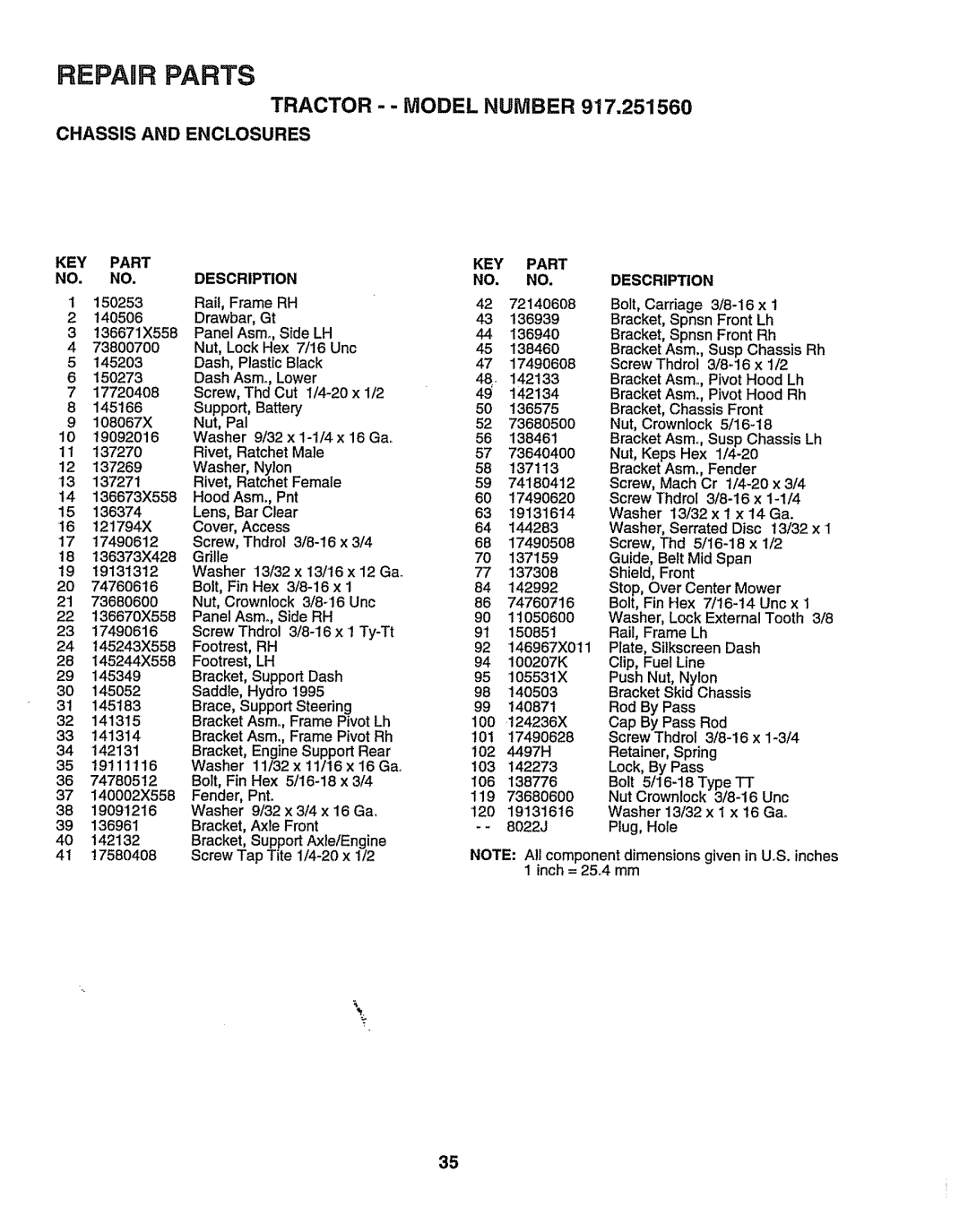 Sears 917.25156 owner manual TRACTOR-- Model Number, KEY Part Description, 73640400, 74180412 