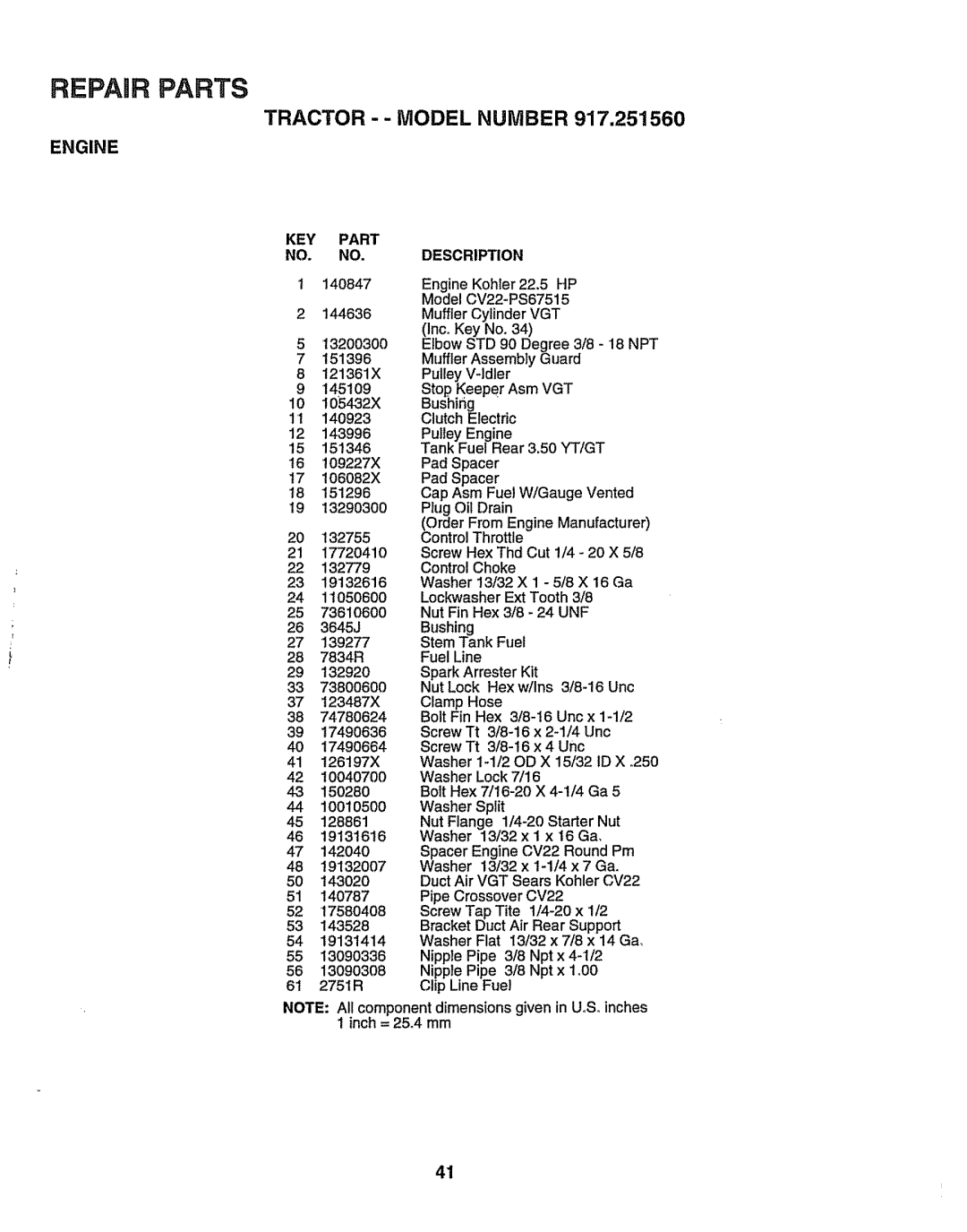 Sears 917.25156 owner manual REPAmR Parts, Engine 