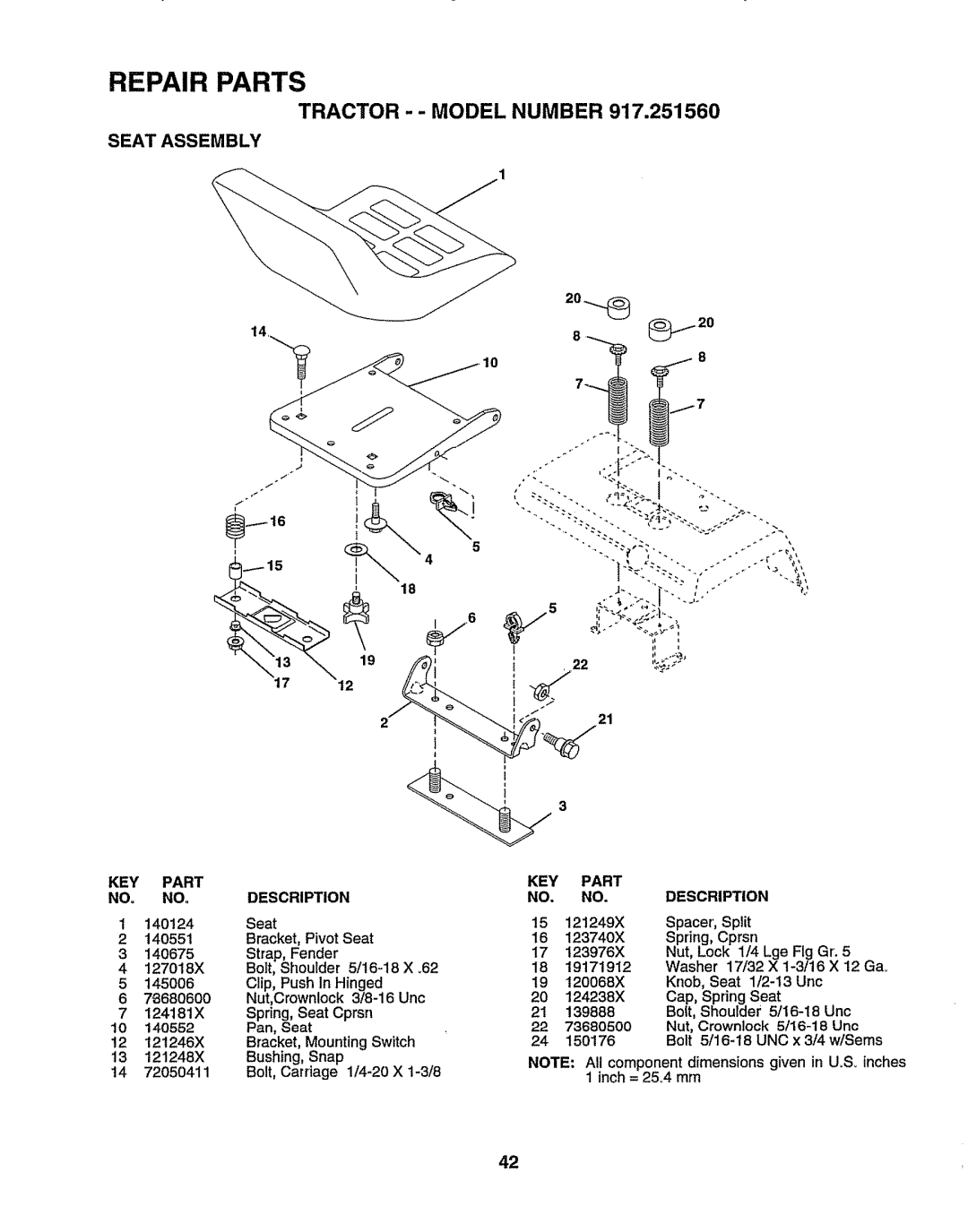 Sears 917.25156 owner manual Seat Assembly 