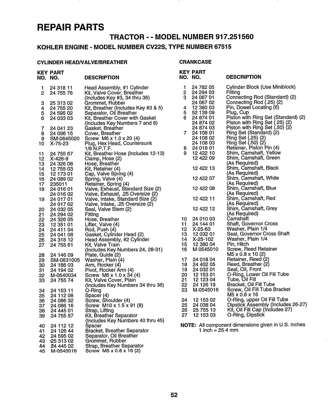 Sears 917.25156 owner manual Cylinder HEADP,/ALVE/BREATHER KEY Part NO. no Description, Crankcase KEY Part NO. no 