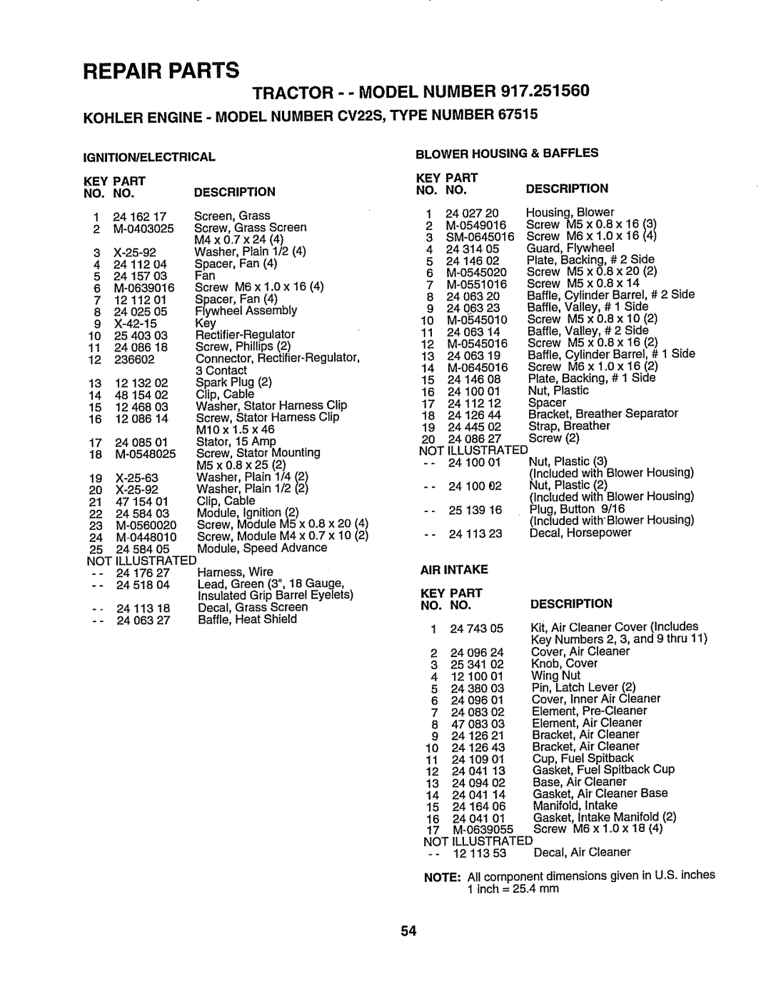 Sears 917.25156 owner manual IGNITION/ELECTRICAL KEY Part Description, Blower Housing & Baffles KEY Part NO. no Description 