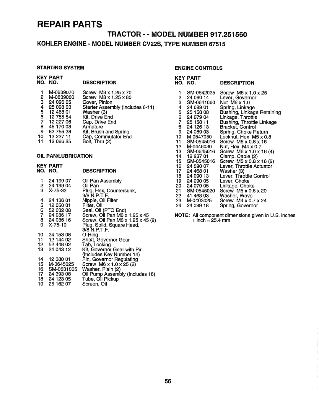 Sears 917.25156 owner manual Tractor --MODEL Number 917,251560, Starting System KEY Part Description 