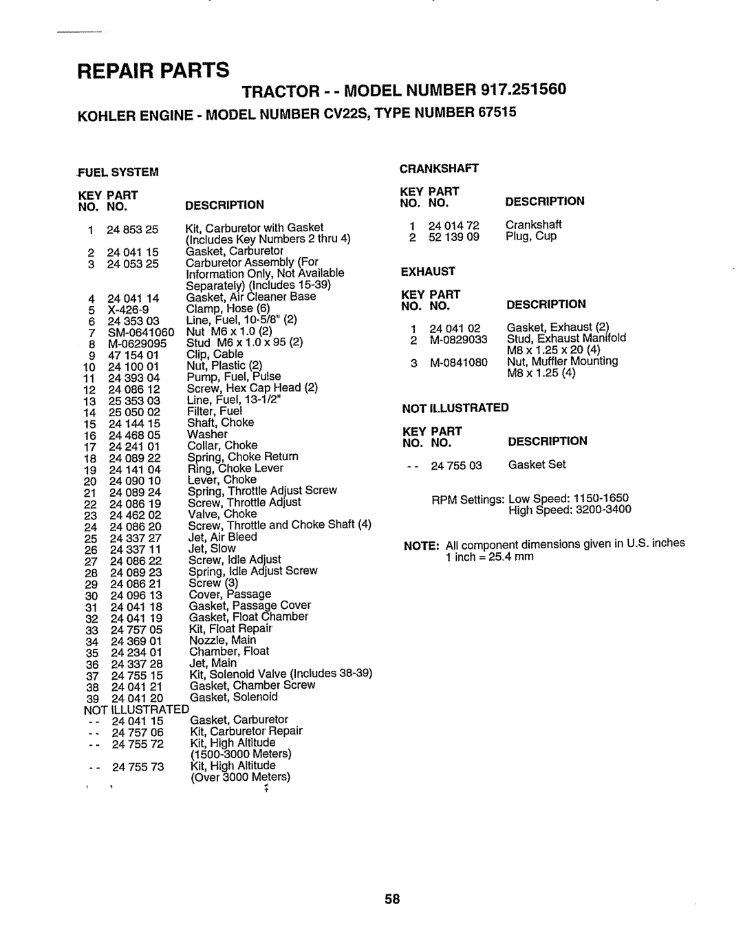 Sears 917.25156 owner manual TRACTOR-- Model Number 917,251560, Kohler Engine ,- Model Number CV22S, Type Number 