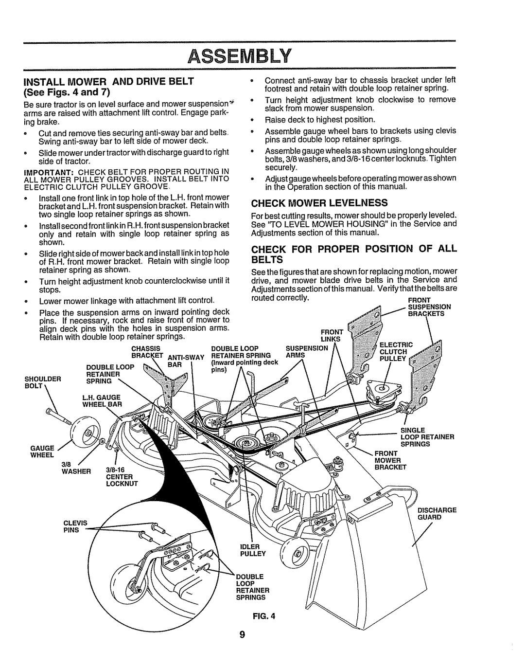 Sears 917.25156 Install Mower and Drive Belt See Figs, Check Mower Levelness, Check for Proper Position of ALL Belts 