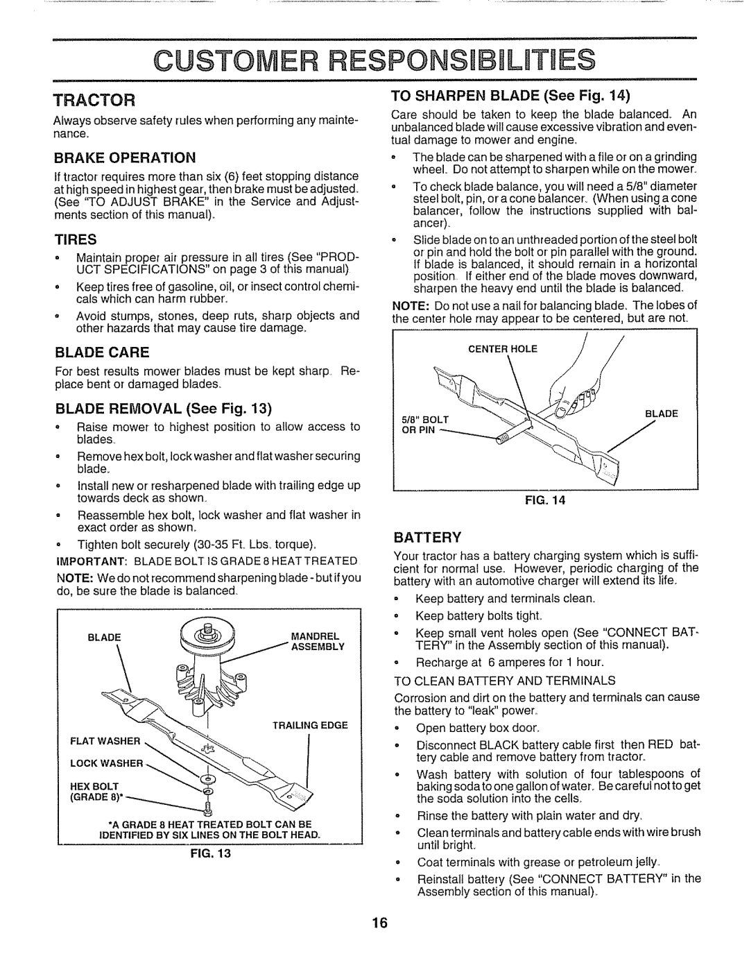 Sears 917.25254 manual Tractor, Brake Operation, Tires, Blade Care, Battery 