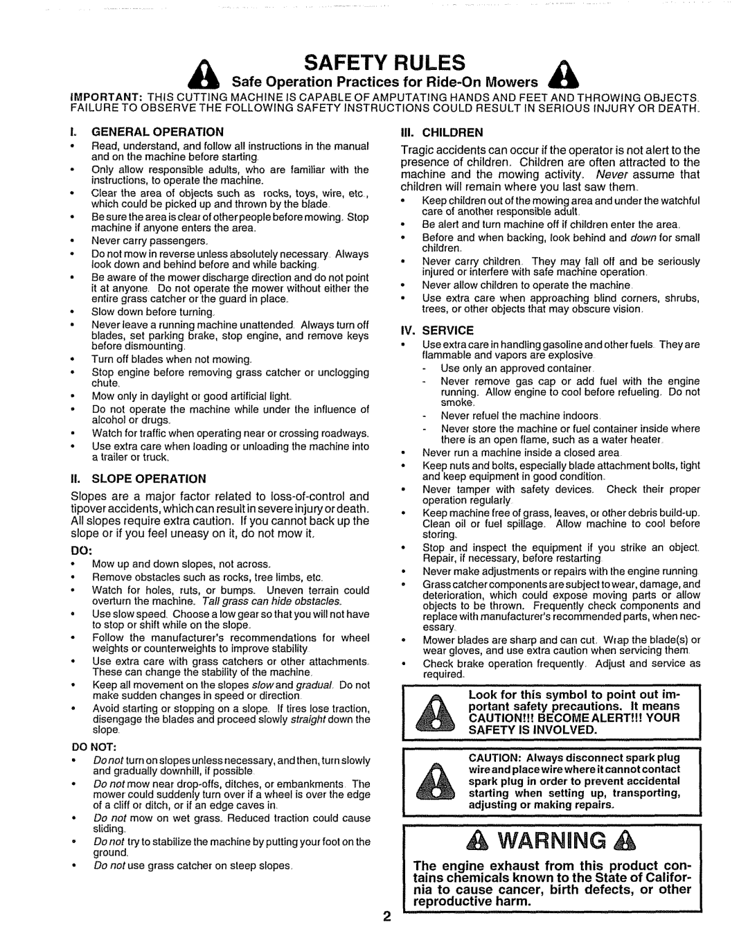 Sears 917.25254 manual Safe Operation Practices for Ride-On Mowers, Engine Exhaust from this product con, III. Children 