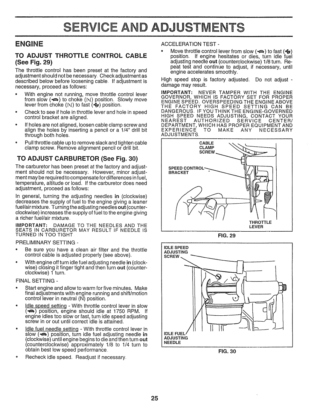 Sears 917.25254 To Adjust Throttle Control Cable See Fig, To Adjust Carburetor See Fig, Acceleration Test, Final Setting 