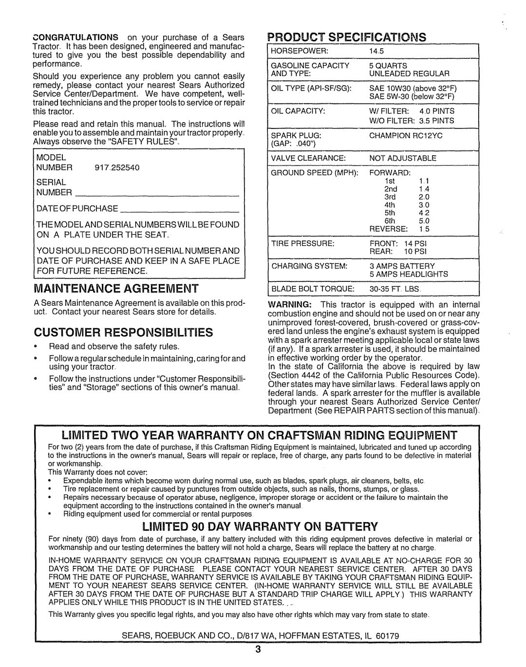 Sears 917.25254 manual Customer Responsibilities, Model 