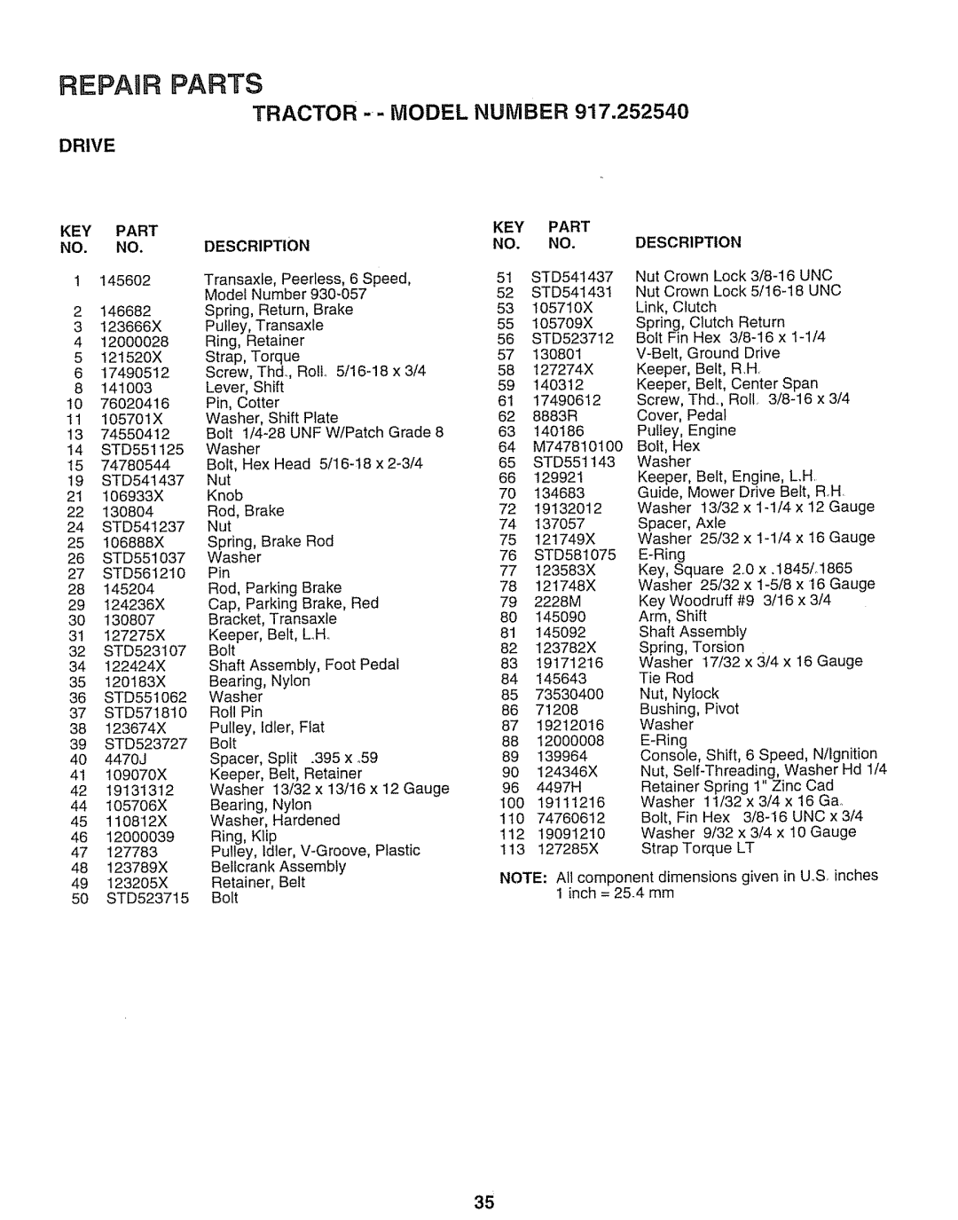 Sears 917.25254 manual Drive, KEY Part, NO. no, Description 