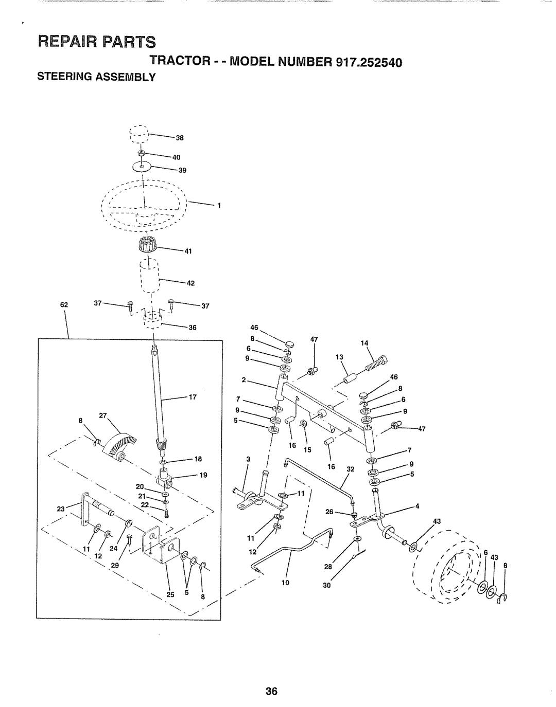 Sears 917.25254 manual Repair Parts, Steering Assembly 