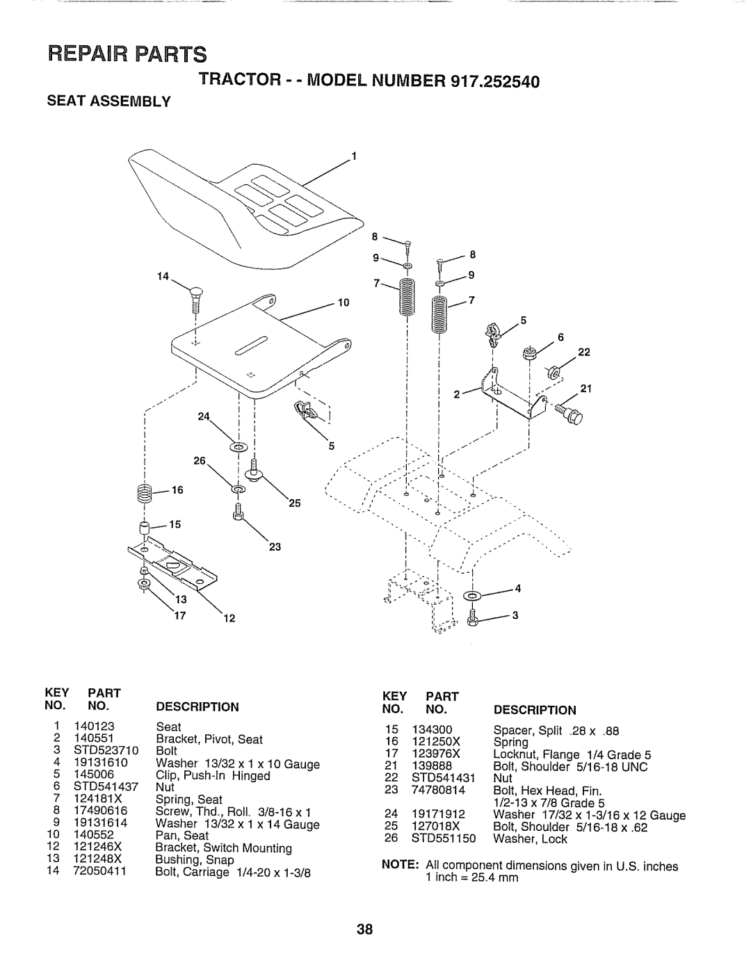 Sears 917.25254 manual Seat Assembly, KEY Part NO. NO.DESCRIPTION 