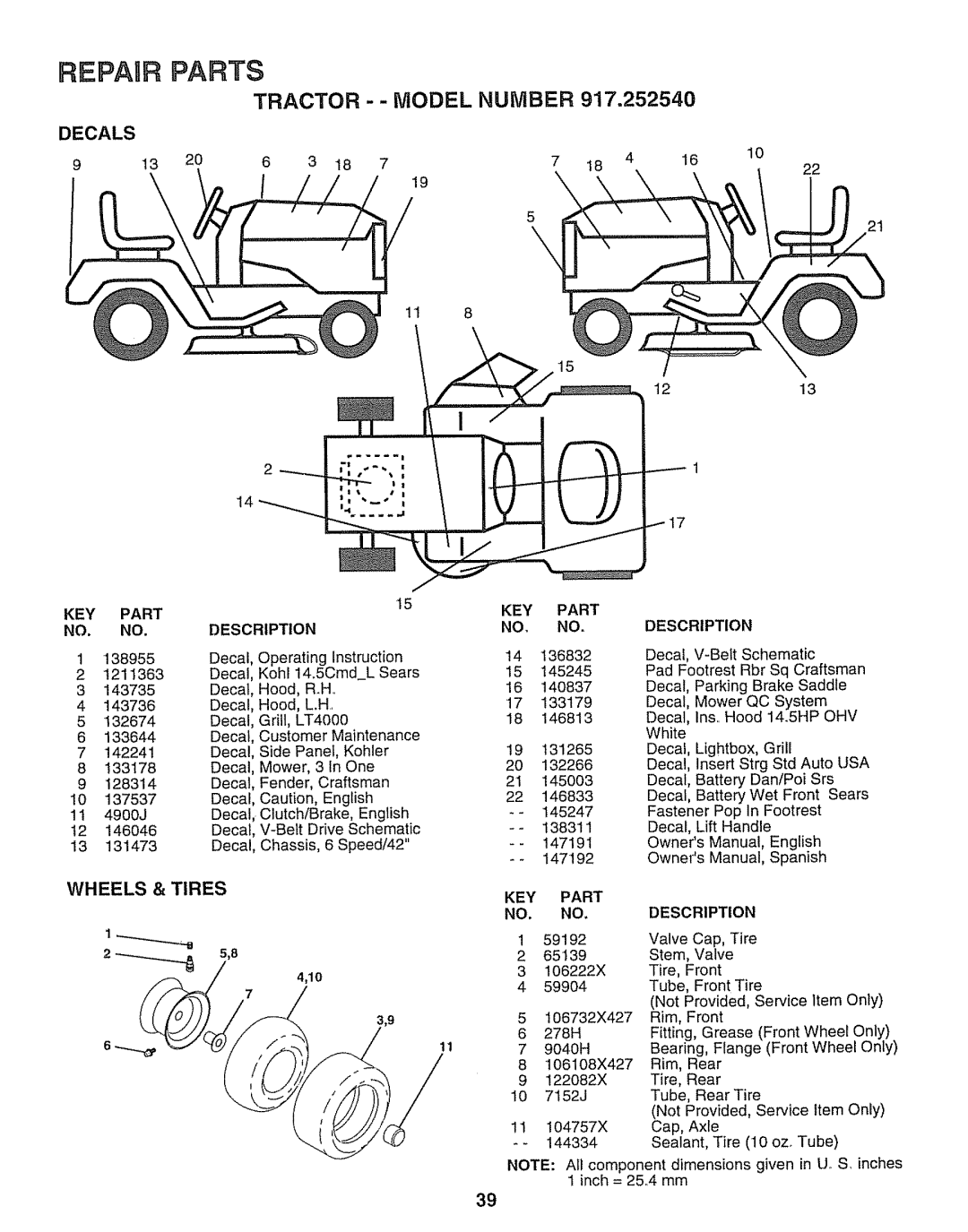 Sears 917.25254 manual Decals, Wheels & Tires, Part Description, Key 