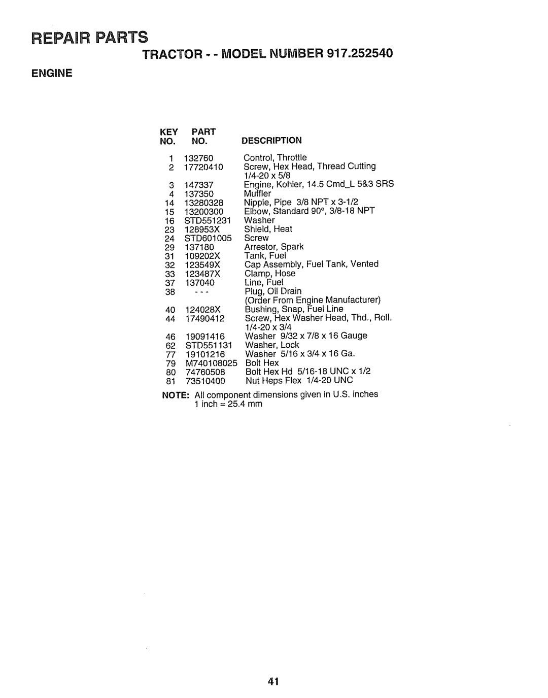 Sears 917.25254 manual Repaurparts 