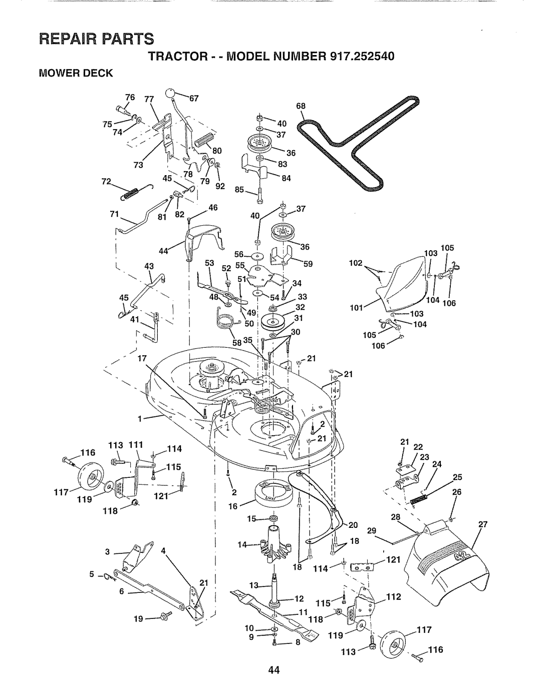 Sears 917.25254 manual Repair Parts, Mower Deck 