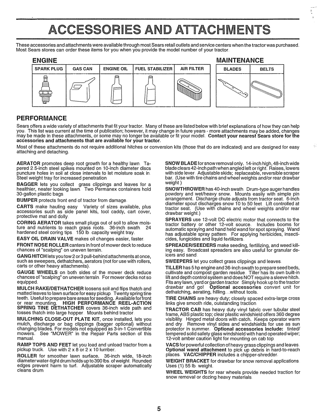 Sears 917.25254 manual Accessories a Attach Ents, Engine Maintenance, Performance 