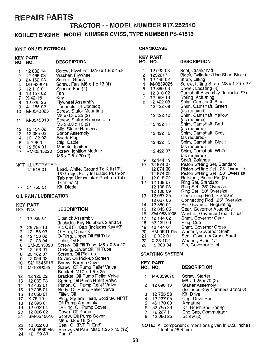 Sears 917.25254 manual Tractor - Model Number 9!7.252540, OIL PAN / Lubrication KEY Part Description, Crankcase 