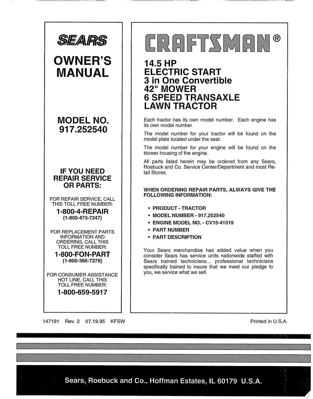 Sears 917.25254 manual Owners, = Part Number Part Description 