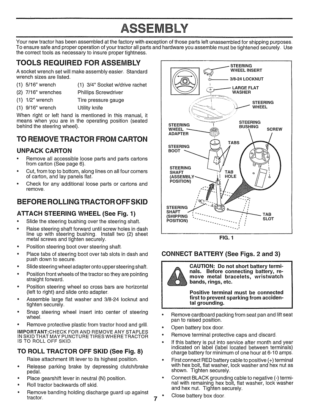 Sears 917.25254 manual To Remove Tractor from Carton, Unpackcarton, Connect Battery See Figs, Roll Tractor OFF 