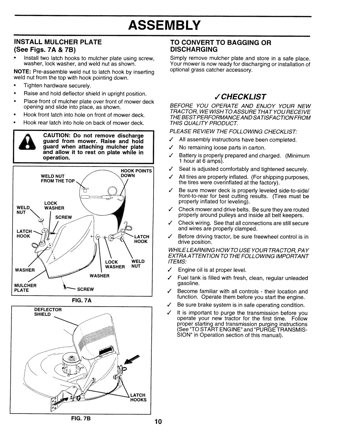 Sears 917.25271 owner manual Checklist, Install Mulcher Plate, See Figs a & 7B, To Convert to Bagging or Discharging 