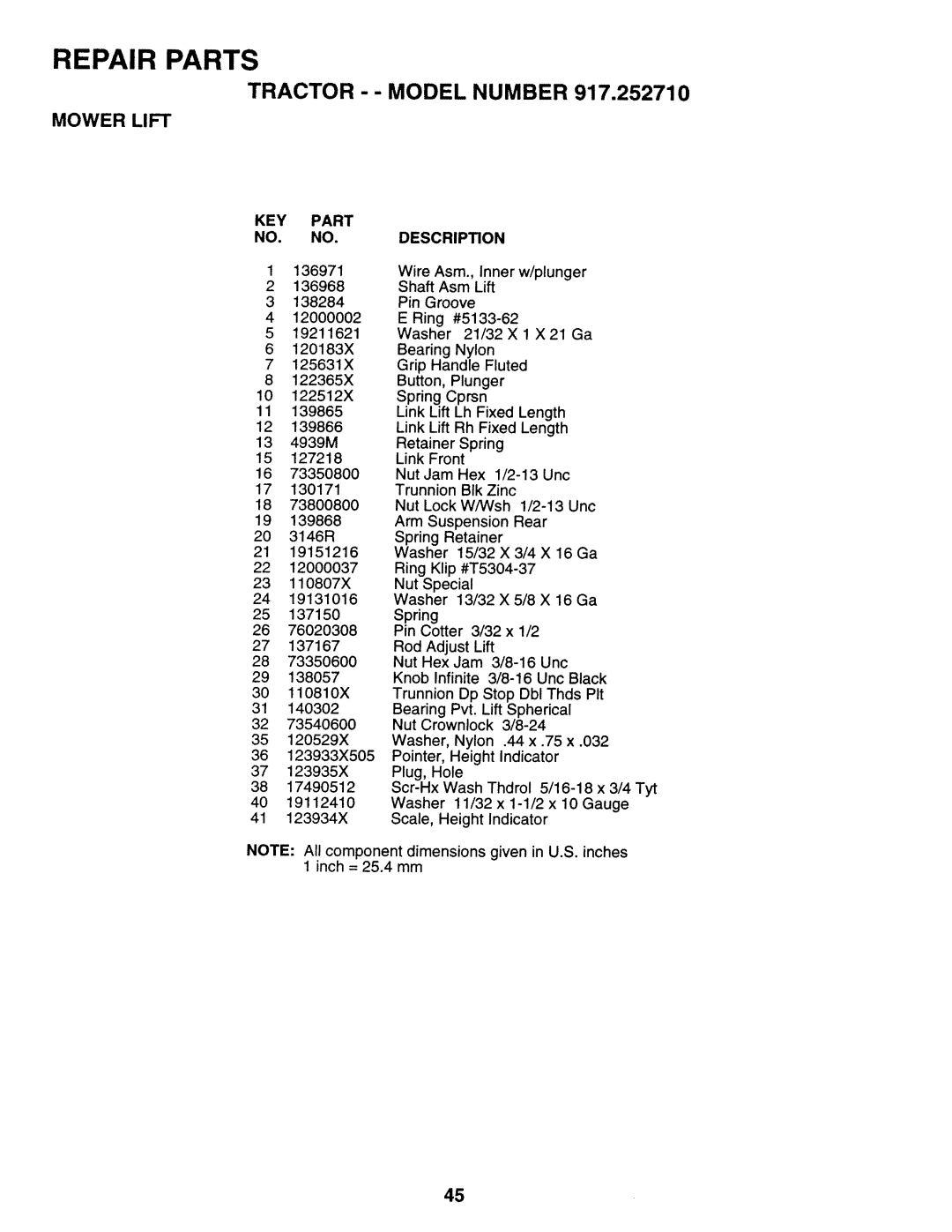 Sears 917.25271 owner manual BIkZinc 73800800 Nut LockW/Wsh 13 Unc 139868 Arm Suspension 