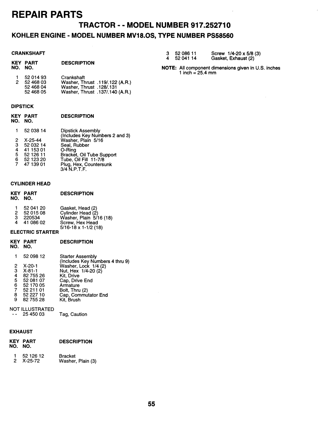 Sears 917.25271 owner manual Screw 1/4-20 x 5/8 