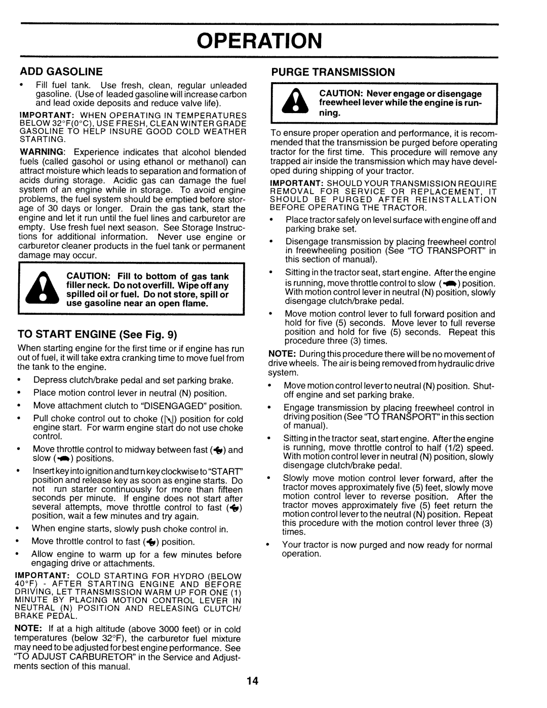 Sears 917.25271 owner manual ADD Gasoline, To Start Engine See Fig, Purge Transmission 