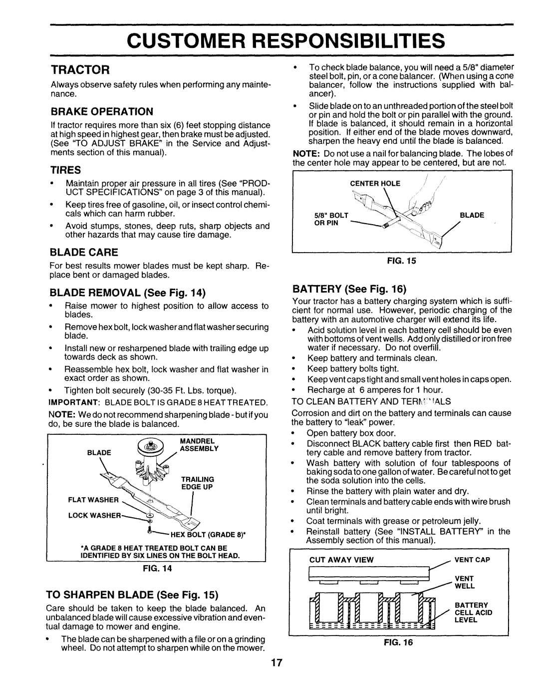 Sears 917.25271 owner manual Customer Responsibilities, Tractor, Brake Operation, Tires, Blade Care 