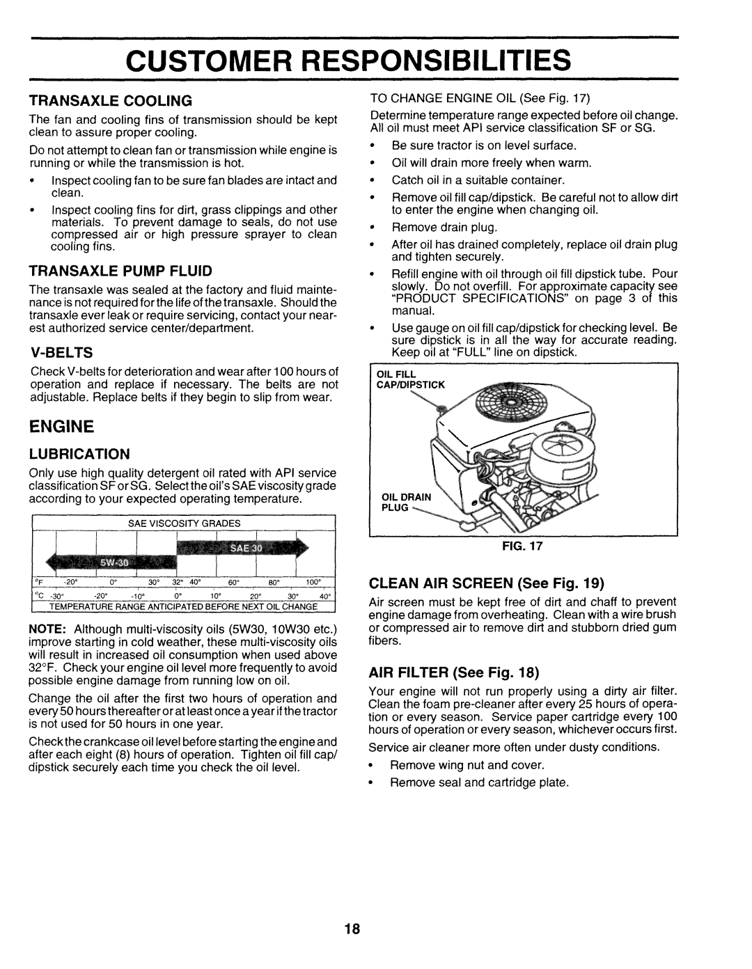 Sears 917.25271 owner manual Engine, Transaxle Cooling, Transaxle Pump Fluid, AIR Filter See Fig 