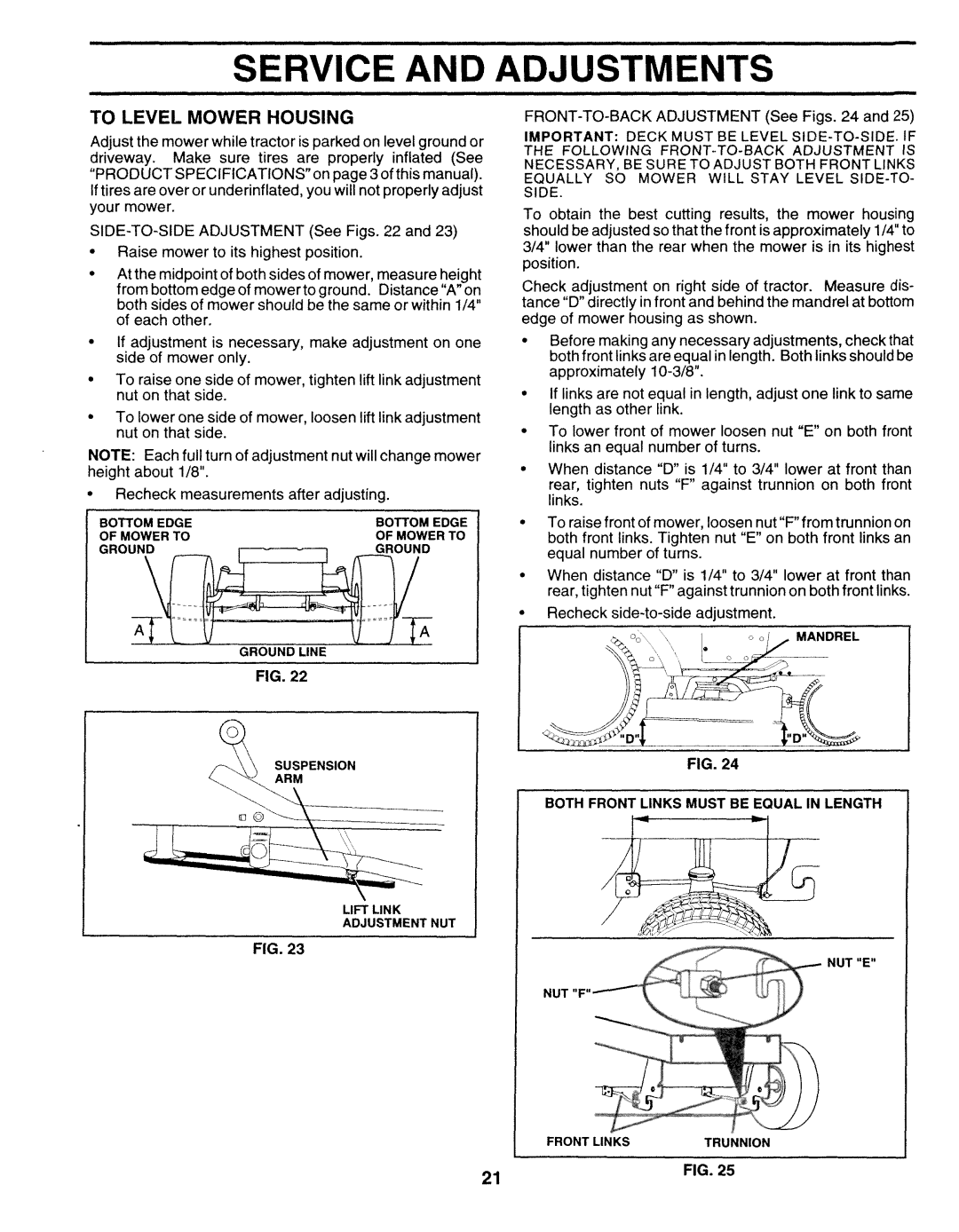 Sears 917.25271 owner manual Adjustments, To Level Mower Housing 