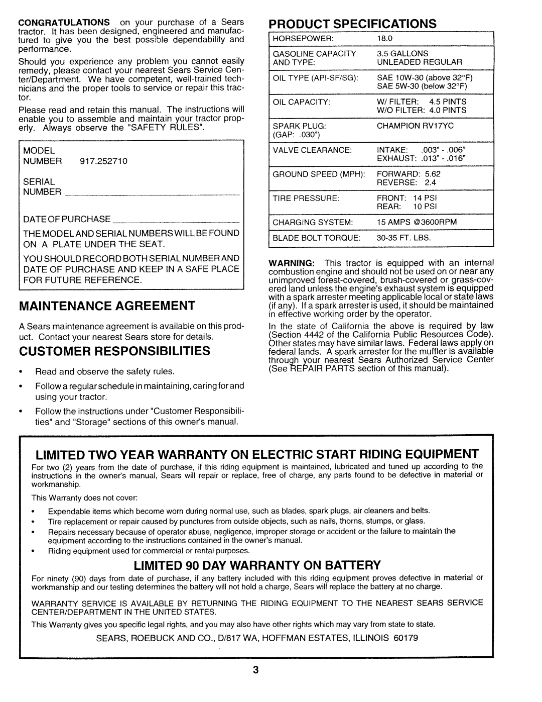 Sears 917.25271 owner manual Maintenance Agreement, Product Specifications, Limited 90 DAY Warranty on Battery 